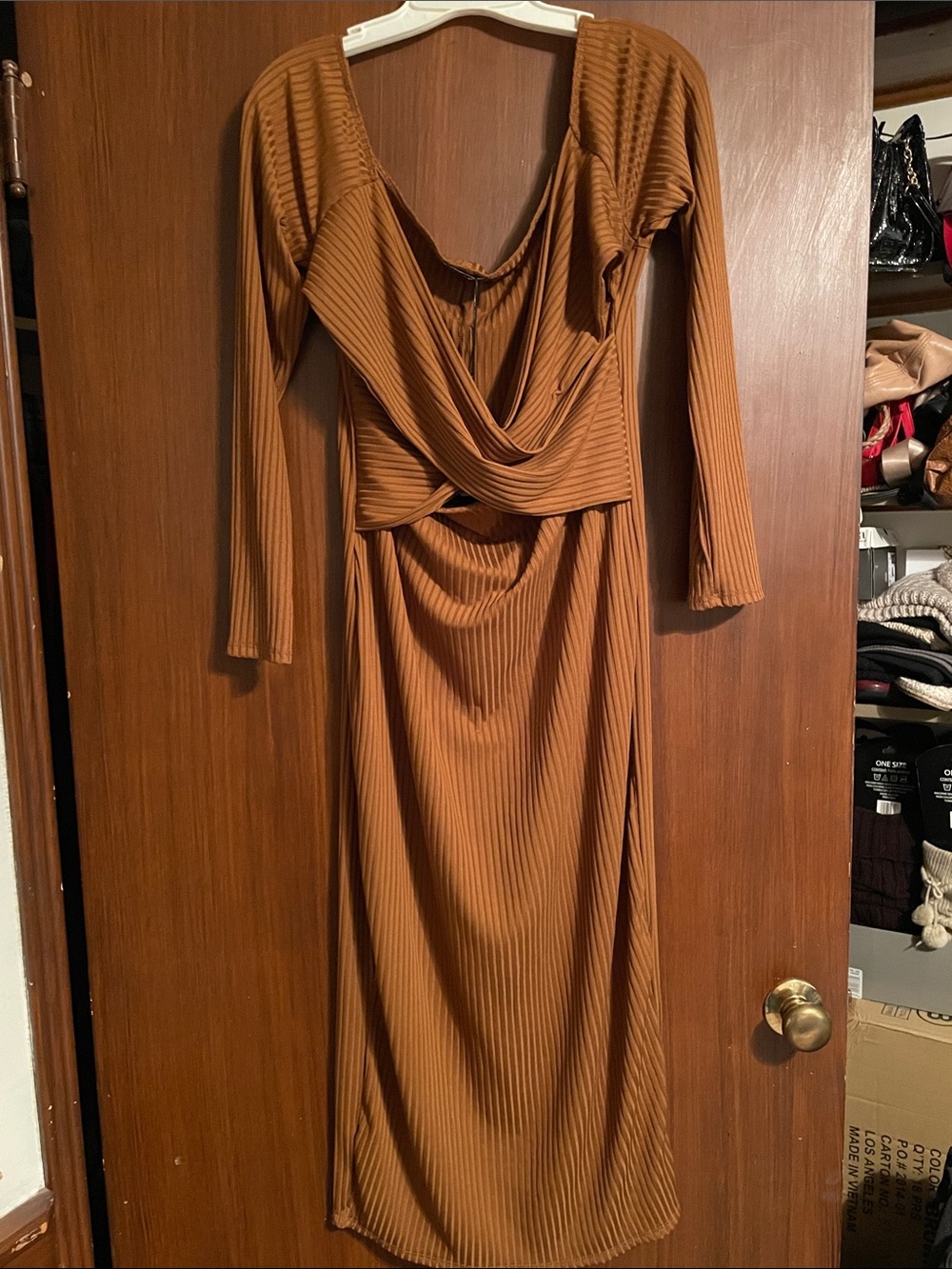 Fashion Nova Rust Brown Long-Sleeve Ribbed Drape Dress